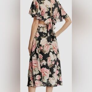 $845 Divine Heritage Women Blue V-Neck Floral Ruffle Flutter-Sleeve Midi Dress M